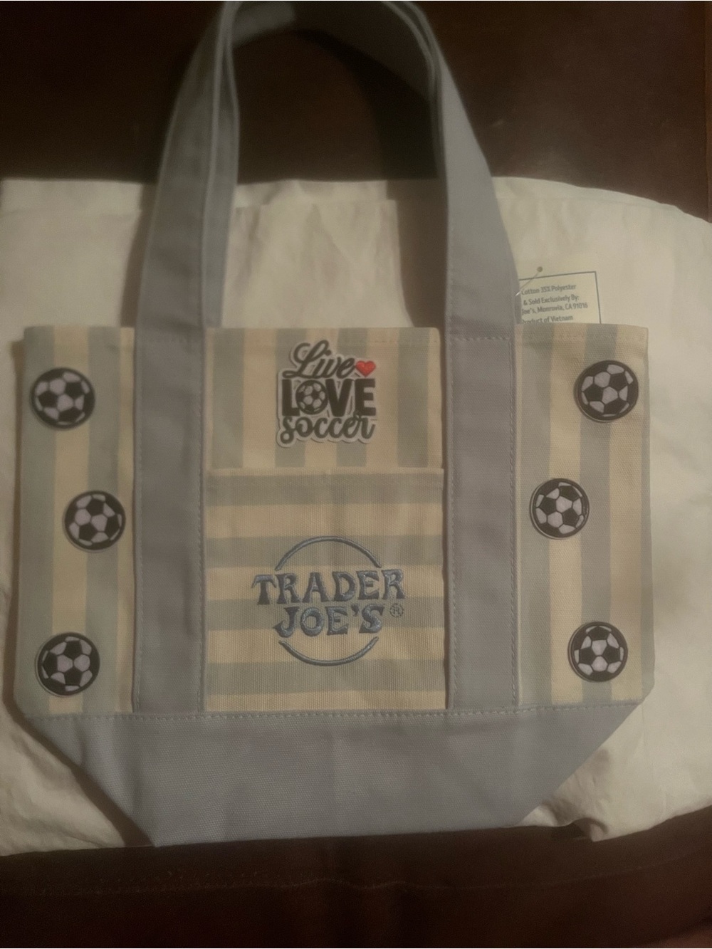 Trader Joe's Mini Light Blue Striped Canvas Tote - Live Love Soccer